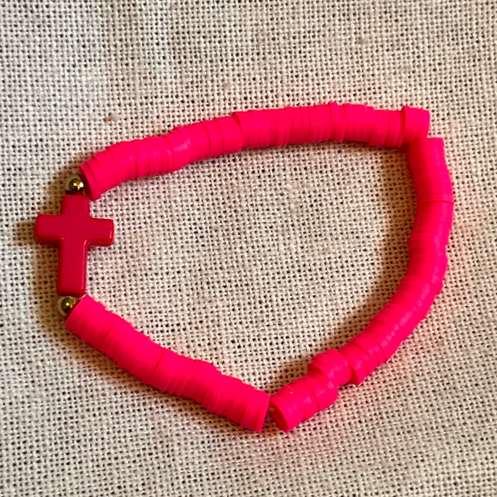 Fuschia Pink Beaded Bracelet With Cross Charm